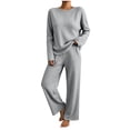 thumbnail image 2 of BRELIL Women's Ribbed Knit Two Piece Lounge Set Round Neck Long Sleeve Pullover Top Wide Leg Pants Casual Loungewear Solid Loose Fall Matching Outfits Travel Tracksuit, Gray L, 2 of 5