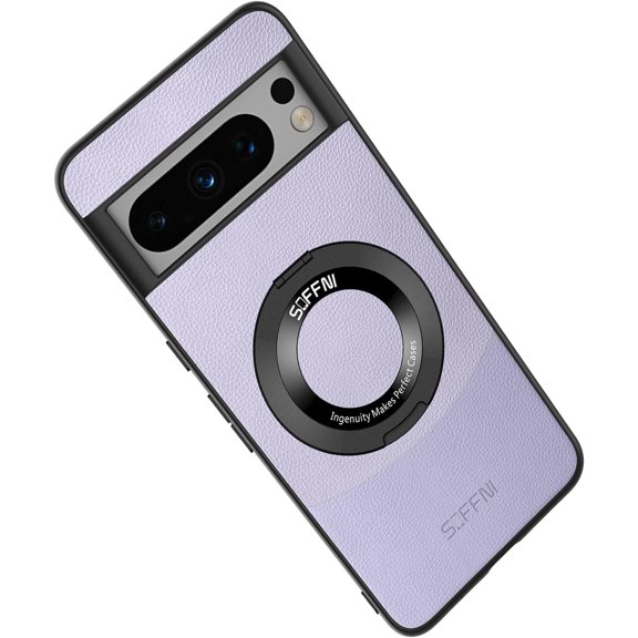 Magnetic Case for Google Pixel 7 Case with Kickstand & Ring Stand, [Compatible with MagSafe] Vegan Leather Non-Slip Enhanced Grip Military Grade Shockproof Camera Lenses Case, Grey