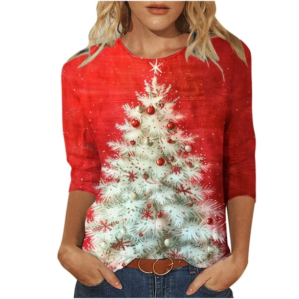 Camisetas de Manga Larga de las Mujeres Imprimir Navidad Cuello Redondo 3/4 Manga Suéter, Top Casual para las Vacaciones