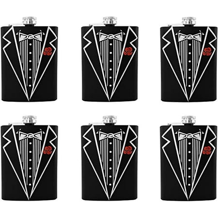 

Gifts Infinity® Set of 6 Groom Bestman Groomsman Bachelor Party Stainless Steel Hip Black Tuxedo Flask 8oz