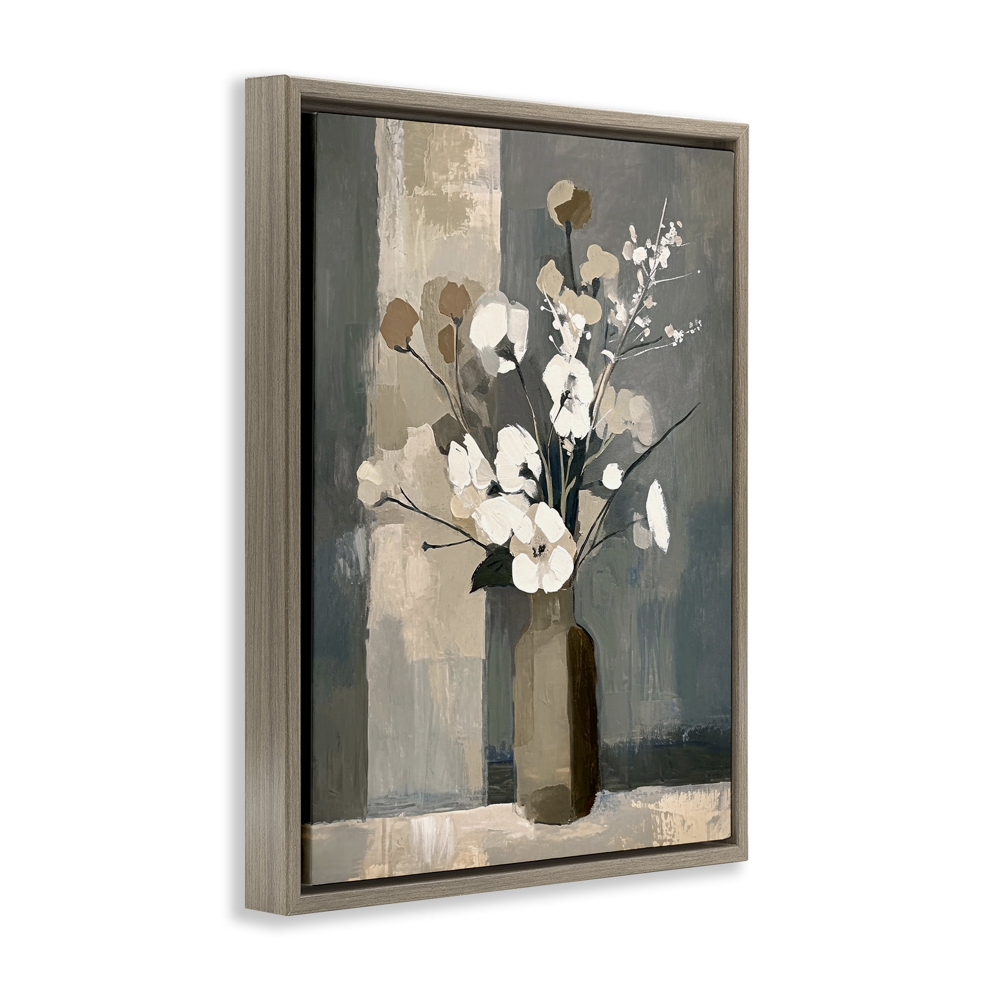 Stupell Industries Neutral Floral Vase Botanical & Floral Painting Brown Floater Framed Canvas Art Print Wall Art, 17 x 21