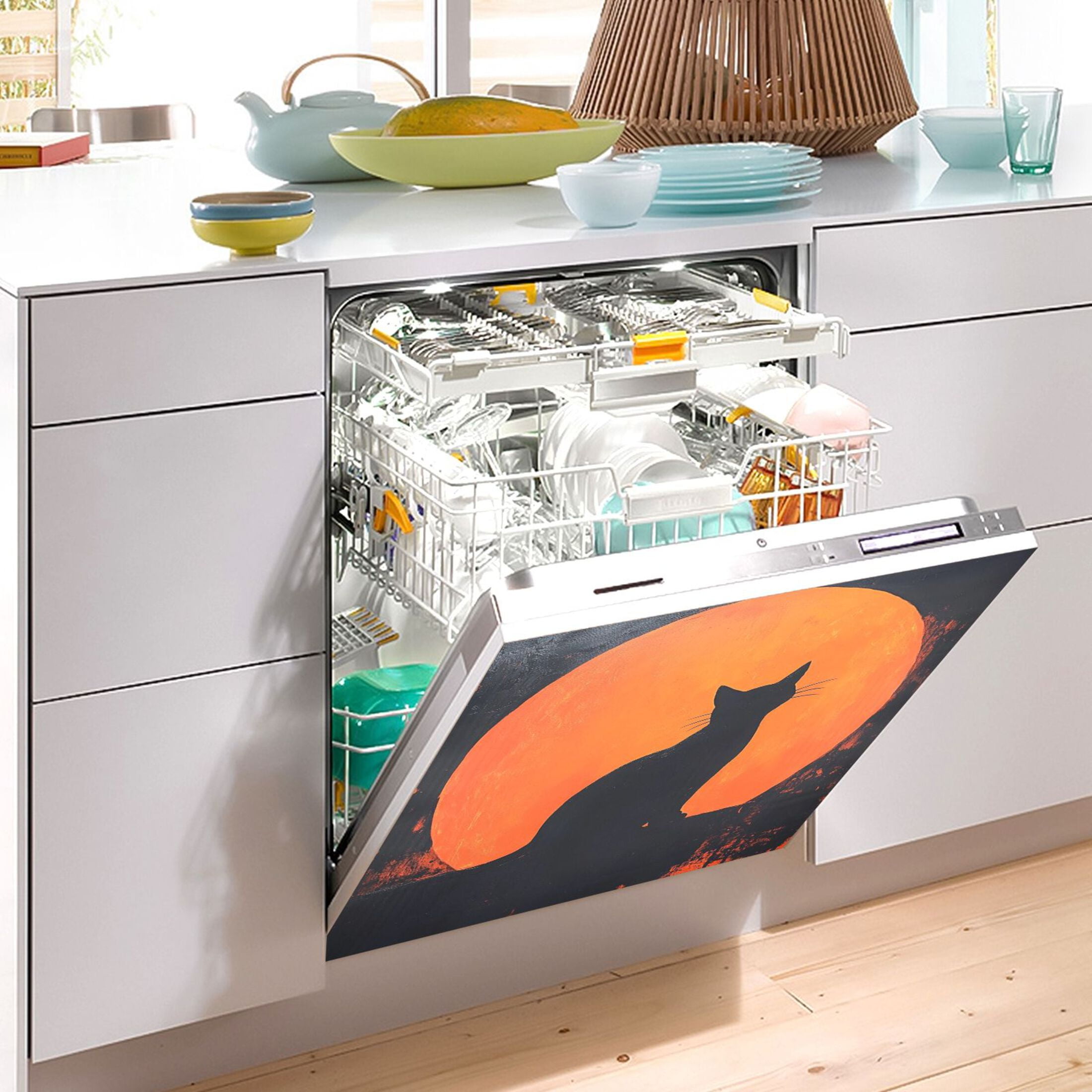 Dishwasher Magnetic Sticker 23x26 Inch Refrigerator Magnetic Sticker Washing Machine Magnetic Sticker Kitchen Panel Magnetic Sticker Home Decor Red Moon Cat