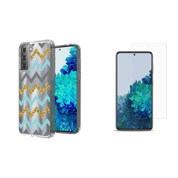 Bemz Hybrid TPU Case for Samsung Galaxy S21 Ultra with (2 Pack) Tempered Glass Screen Protectors and Touch Tool - Teal Gold Zig Zag