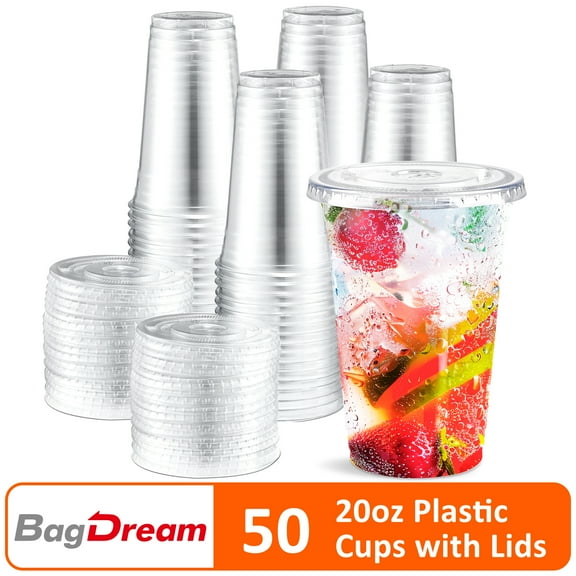 BagDream 50 Pack 20 oz Clear Plastic Cups with Lids, Disposable Iced Coffee Cups with Lids for To-Go Cold Drinks, Smoothies and Slushie