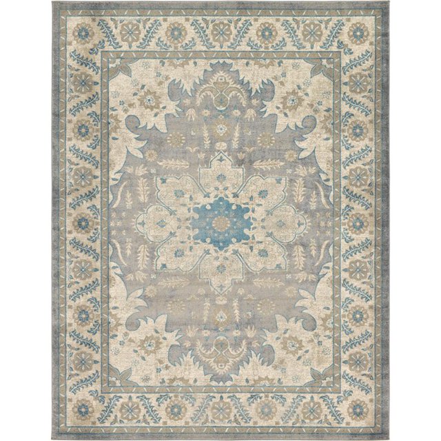 Unique Loom Salzburg Oriental Inspired Border Rug 9' x 12' Rectangle Gray/Beige