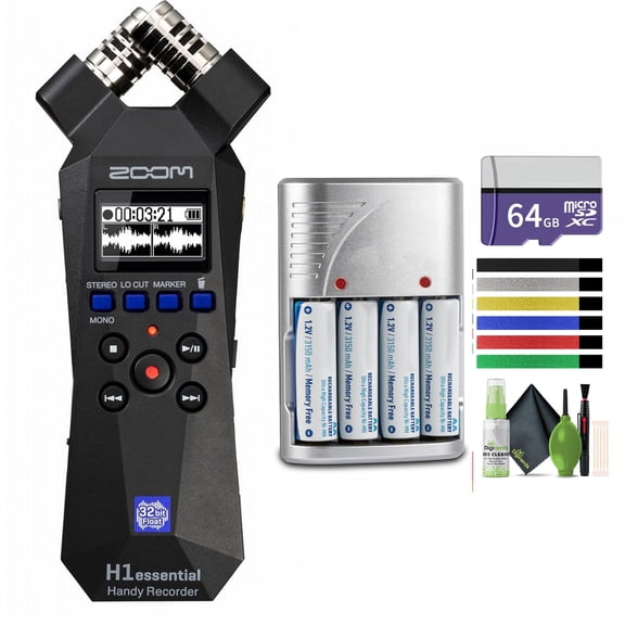 Zoom ZH1E H1essential 2-Track Handy Recorder with 32-Bit Float Recording   4x AA Batteries with Charger   64GB Memory Card   More