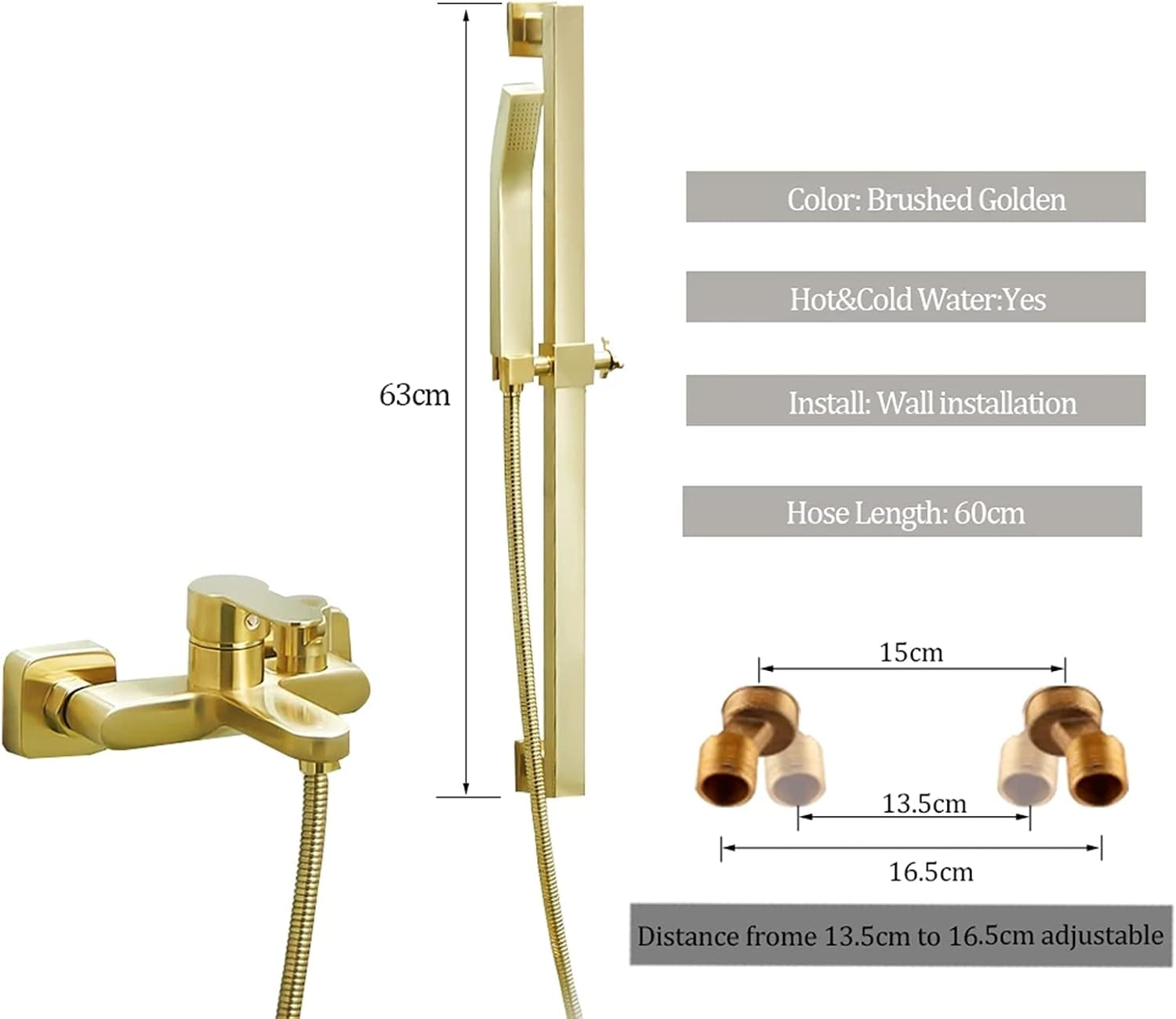 Brushed Gold Bathtub Faucet with Brass Handheld Shower Head, Wall Mounted Single Handle Tub Faucet with Liftable Shower Rod