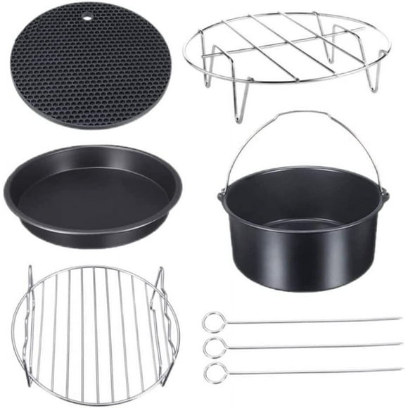 Air Fryer Accessories 5 PCS Set Kitchen Utensil Including Cake Pan/Pizza Pan/Metal Holder/Rack with Skewers/Silicone Mat for Ninja Air Fryer Oven(6in)