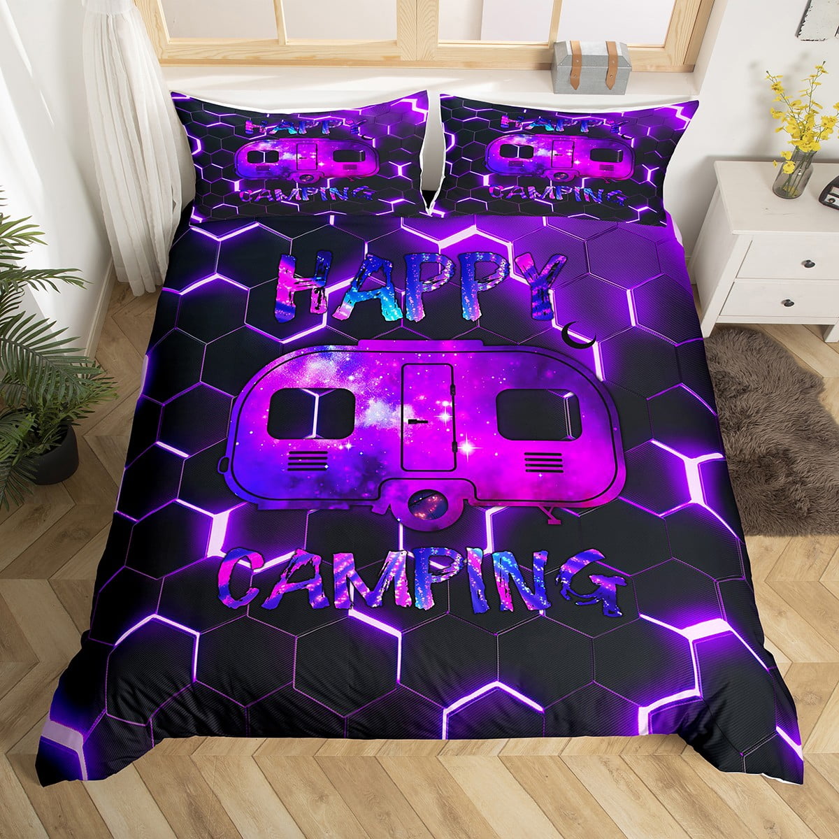 YST Girls Camper Bedding Set King Happy Travel Camping Kids Duvet Cover