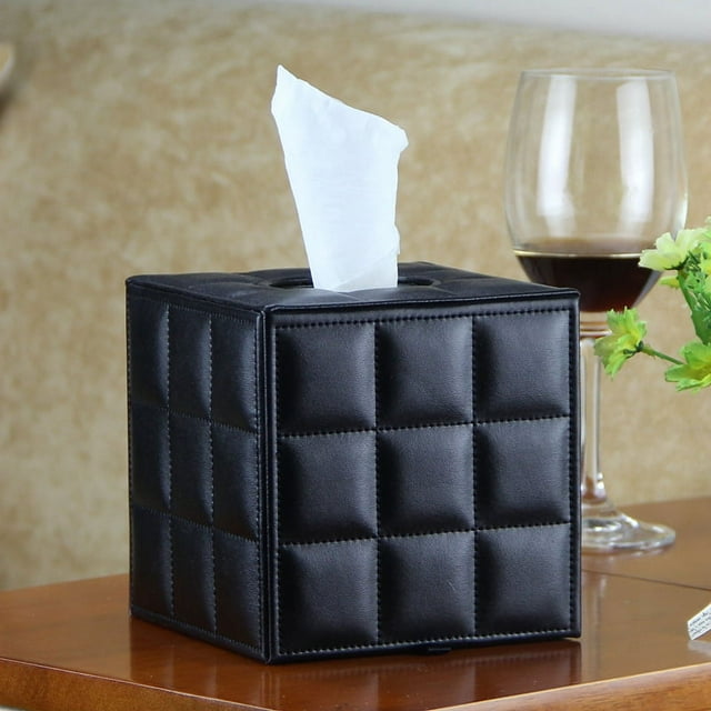 Nvzi Funda de cuero cuadrada para caja de pañuelos - Elegante soporte para caja de pañuelos en forma de cubo, caja de pañuelos decorativa de PU para tocador,mesa, encimera, color negro