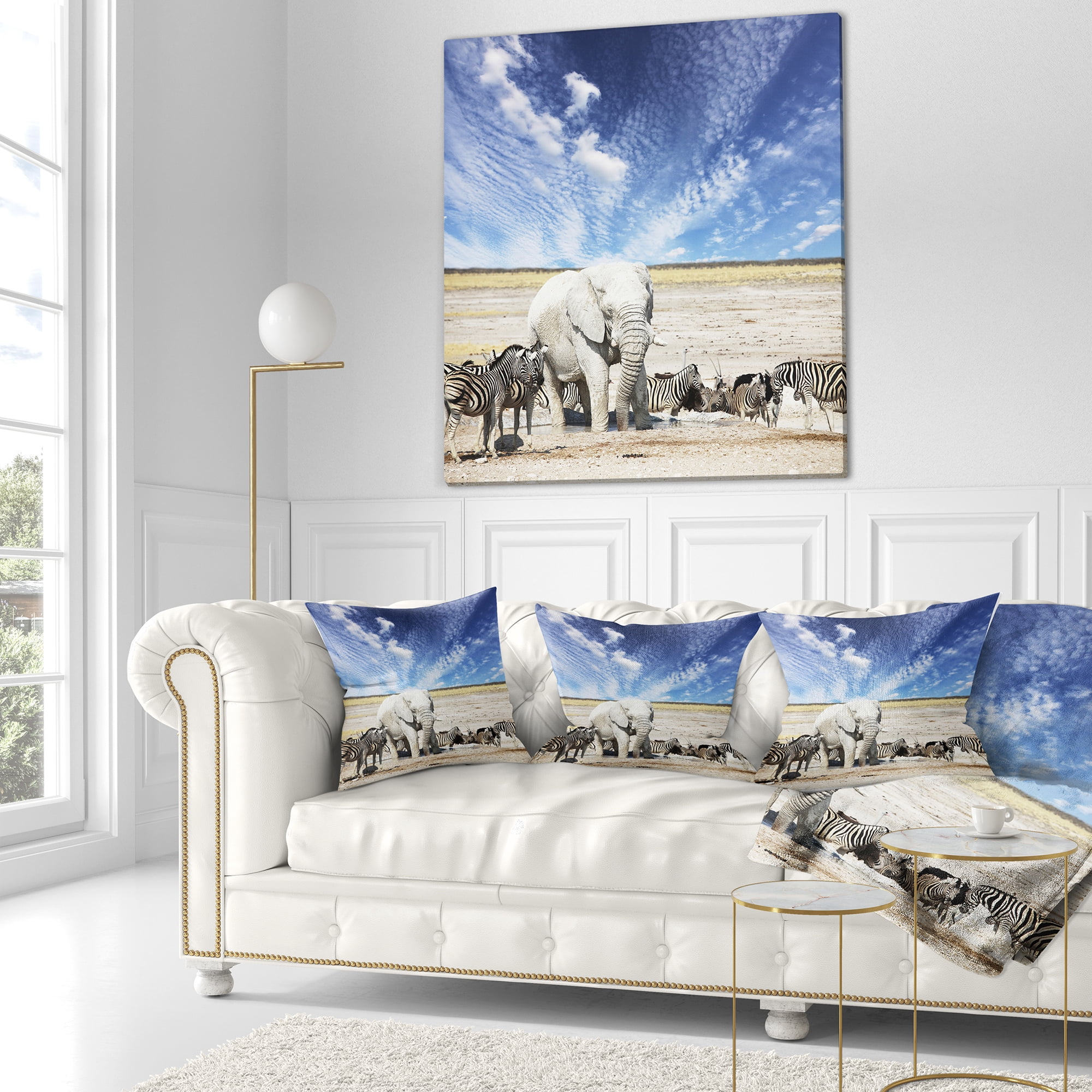 Designart Huge White Elephant and Zebras - Abstract Throw Pillow - 18x18