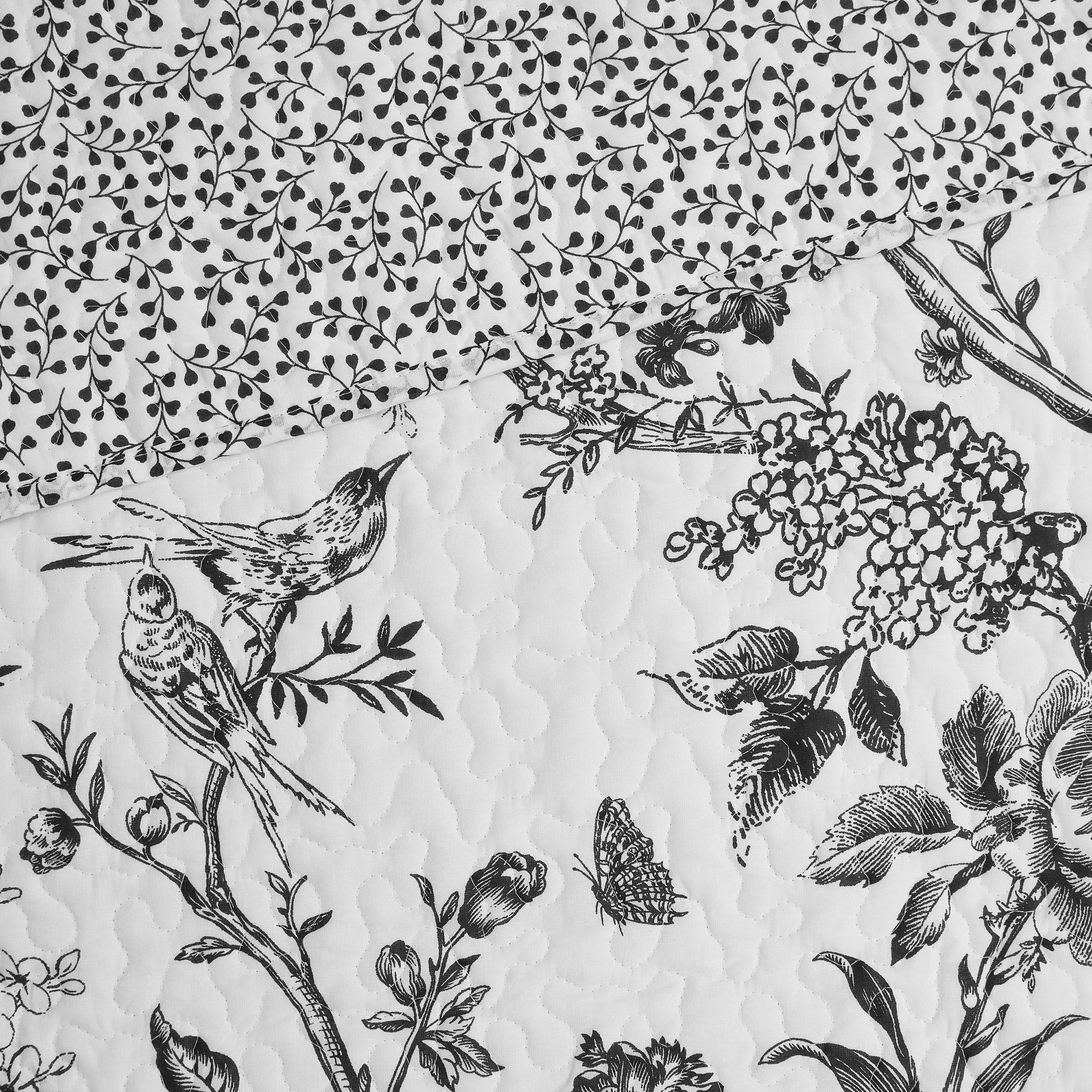 Chantilly Toile Floral Black 2-Piece All-Season Reversible Cotton Quilt Set - Twin