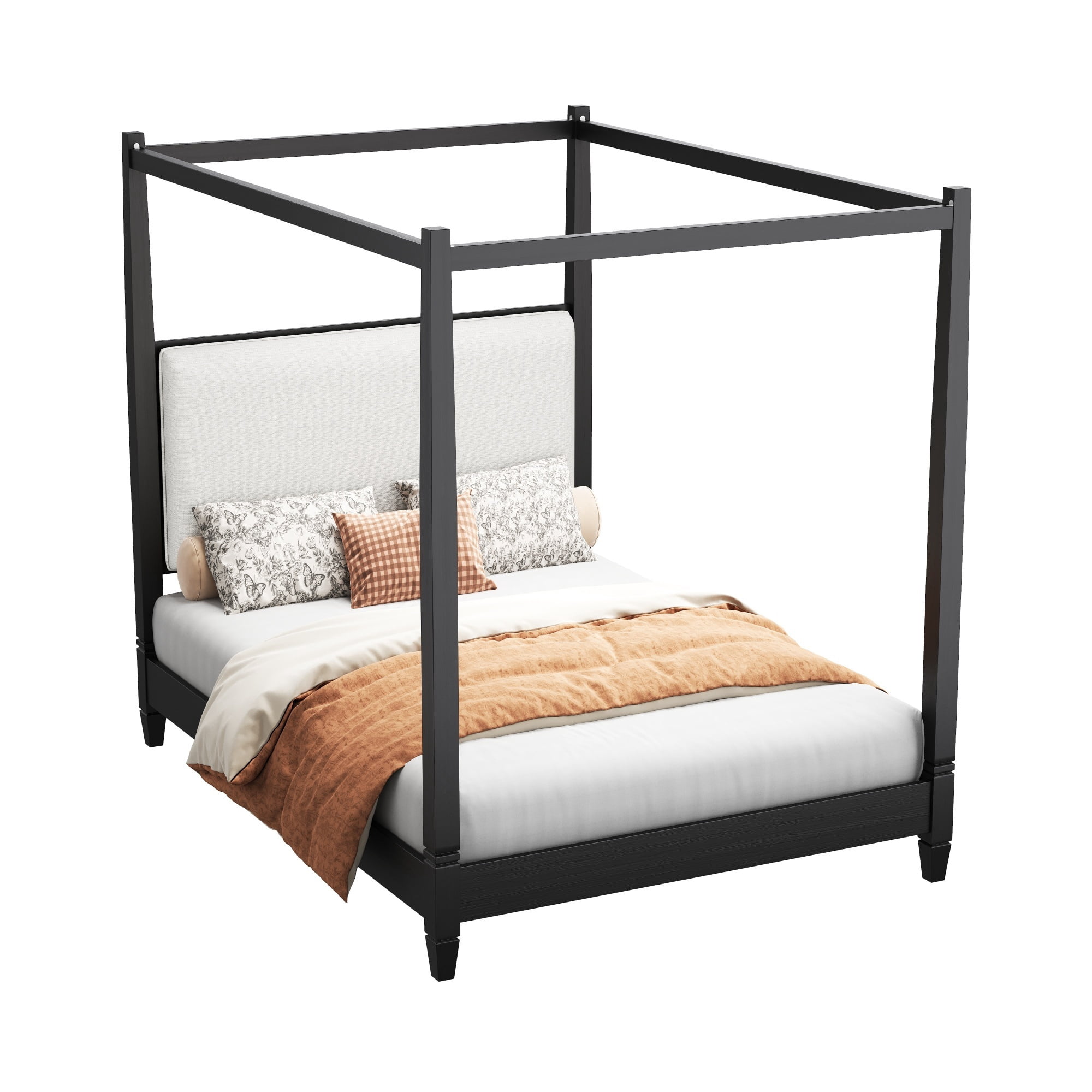 Euroco Wood Queen Size Canopy Platform Bed with Upholstery Headboard, Black