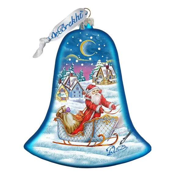 G.DeBrekht Santa Sleigh Bell Glass Ornament, Blue, 3”