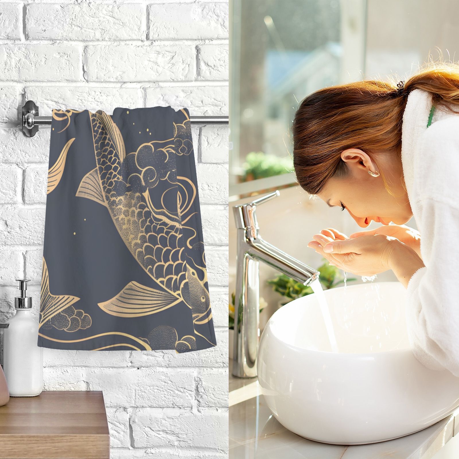 Gold Line Fish Hand Towels Cotton Bath Towels Large Face Towels Absorbent for Bathroom 2 Packs