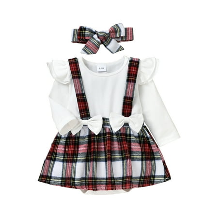 

Binpure Newborn Girl Long Sleeve Bodysuit Round Neck Plaid Pattern Fake Two-Piece Style Patchwork Dress Hem Romper with Bow Headband