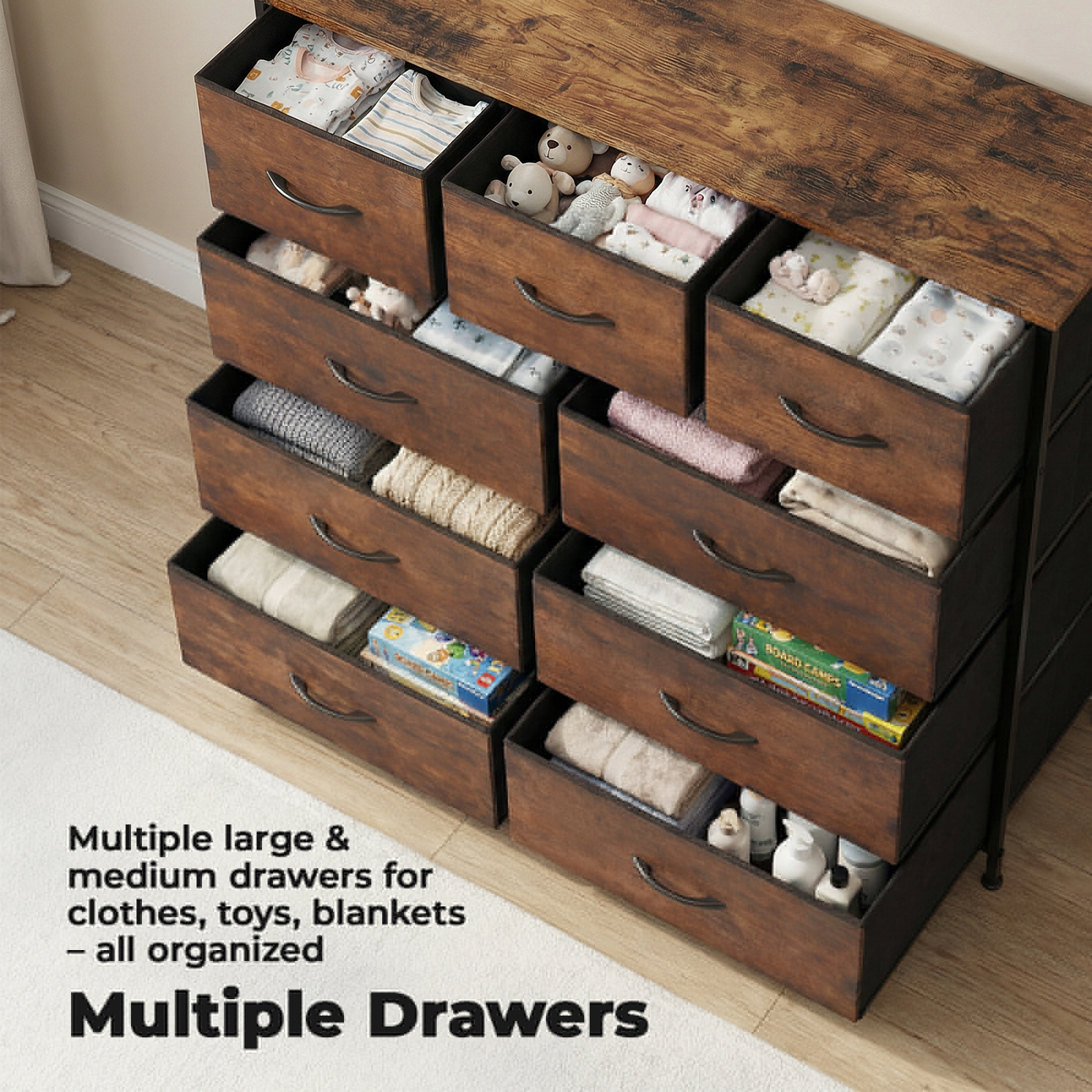 Alvantor Tall Dresser Fabric Storage Tower ,Wooden Top for Kid Room, Closet, Entryway, Nursery