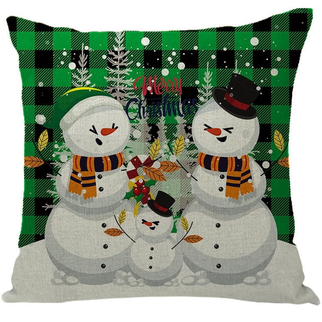 Funda de almohada navideña con diseño de muñeco de nieve para el hogar, almohada de lino a cuadros rojos, cojín navideño