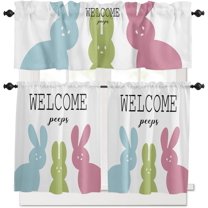 Easter Colorful Bunny Peeps Kitchen Curtain Valance and Tier Set, Simple White Backdrop Short Half Window Treatments Rod Pocket Curtain Panels for Bedroom Living Room, 54x18 Valance 55x36 Tier