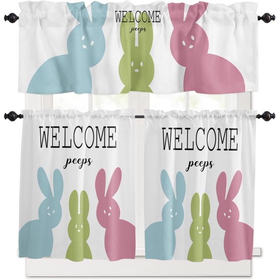 Easter Colorful Bunny Peeps Kitchen Curtain Valance and Tier Set, Simple White Backdrop Short Half Window Treatments Rod Pocket Curtain Panels for Bedroom Living Room, 54x18 Valance 55x36 Tier