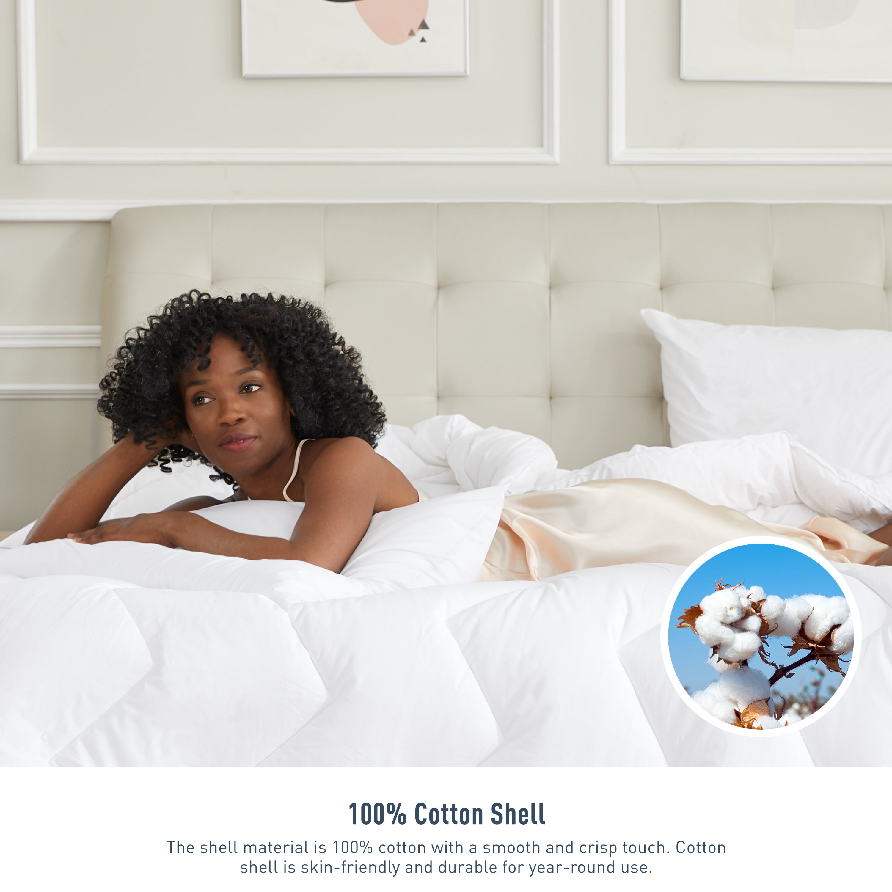 HOMTEC Queen Duvet Insert, White Cotton Comforter, All Season Down Alternative Duvet with 100% Cotton Cover, 4 Corner Tabs, Washable Breathable Noiseless