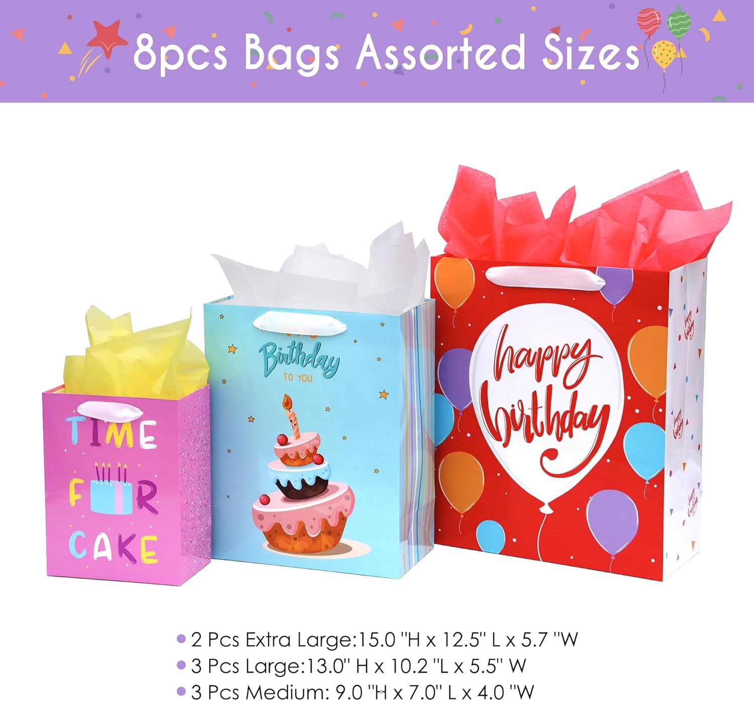 8 Pack Birthday Gift Bags Assorted Sizes (2 Extra Large 15", 3 Large 13",3 Medium 9") with Ribbon Handle and Tissue Paper, Reusable and Perfect For Wrapping Present