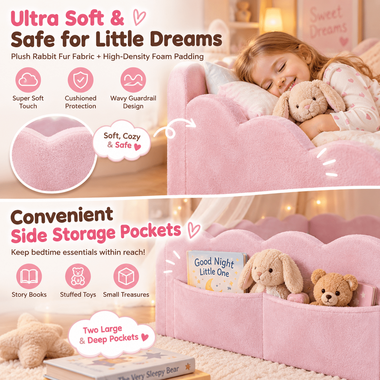 Howcool Montessori Upholstered Floor Bed with Soft Wave Guardrails,Full Size Rabbit Plush Toddler Bed with Storage Pockets,Pink