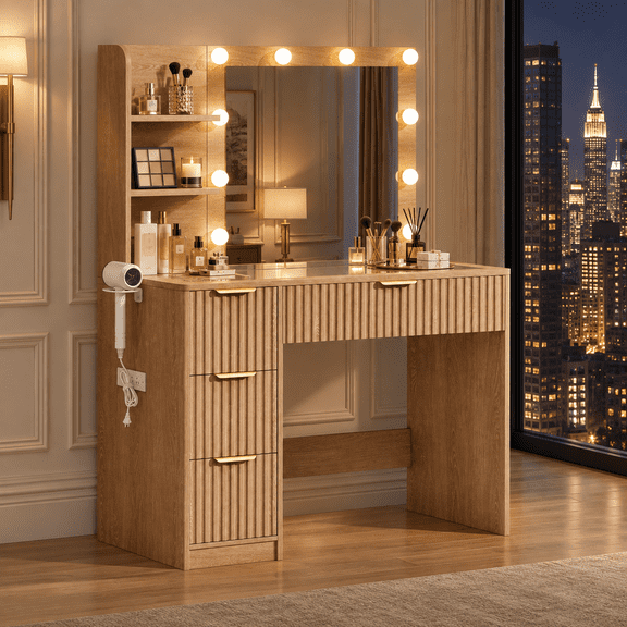 Merluxy 36.2" Girls Vanity Desk with Mirror and Adjustable LED Lights, 4 Drawers Makeup Table with Glass Top and Charging Station, Oak