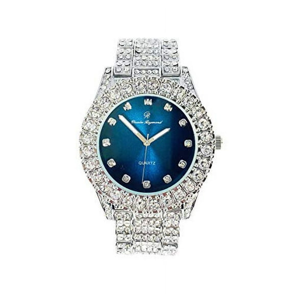 Charles Raymond Blinged Out Round Metal Mens Color on Blast Iced Out Silver Tone Hip Hop Wristwatch with Diamond Time Indicators - Ice on Fire!!! - ST10327DxxS (Silver Royal Blue)