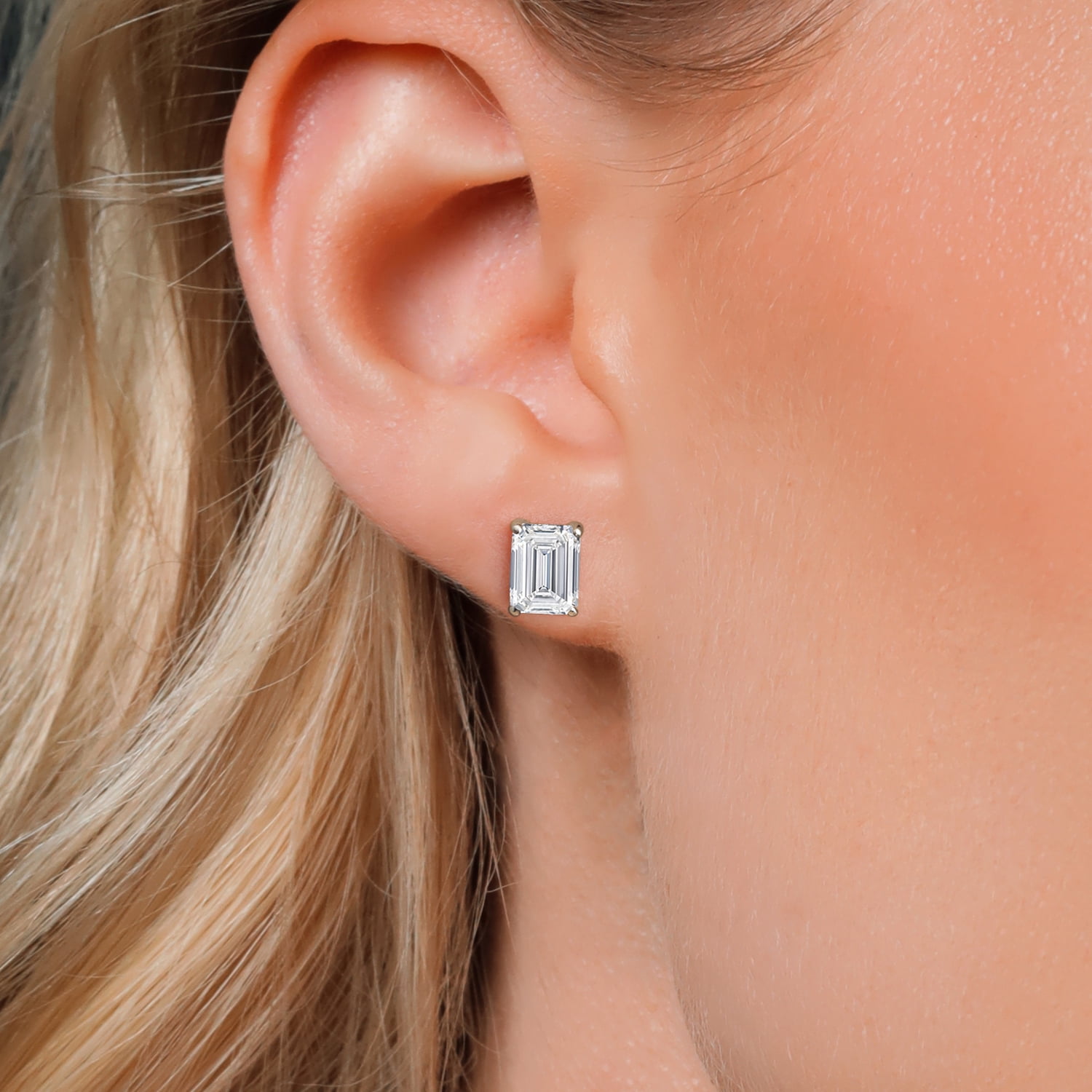 Gem Stone King 14K Gold IGI Certified Lab Grown Diamond Stud Earrings | 4 Ct | Emerald Cut | D-E Color | VS1-VS2 Clarity | Gold Earrings for Women Men