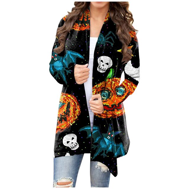 Cardigan Léger à Manches Longues pour Femmes Halloween Mignon Drôle Citrouille Chat Noir Graphique