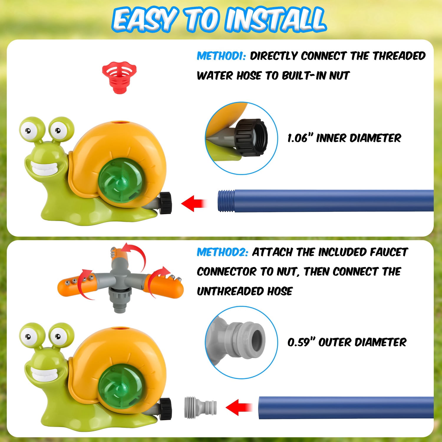TeqHome 2 Pack Outdoor Toy Water Sprinkler Baseball Toy for Kids with 2 Sprinkler Nozzles 360° Rotating Spray Summer Outdoor Water Spray Snail Toys for Kids 4-8 Years Backyard Lawn