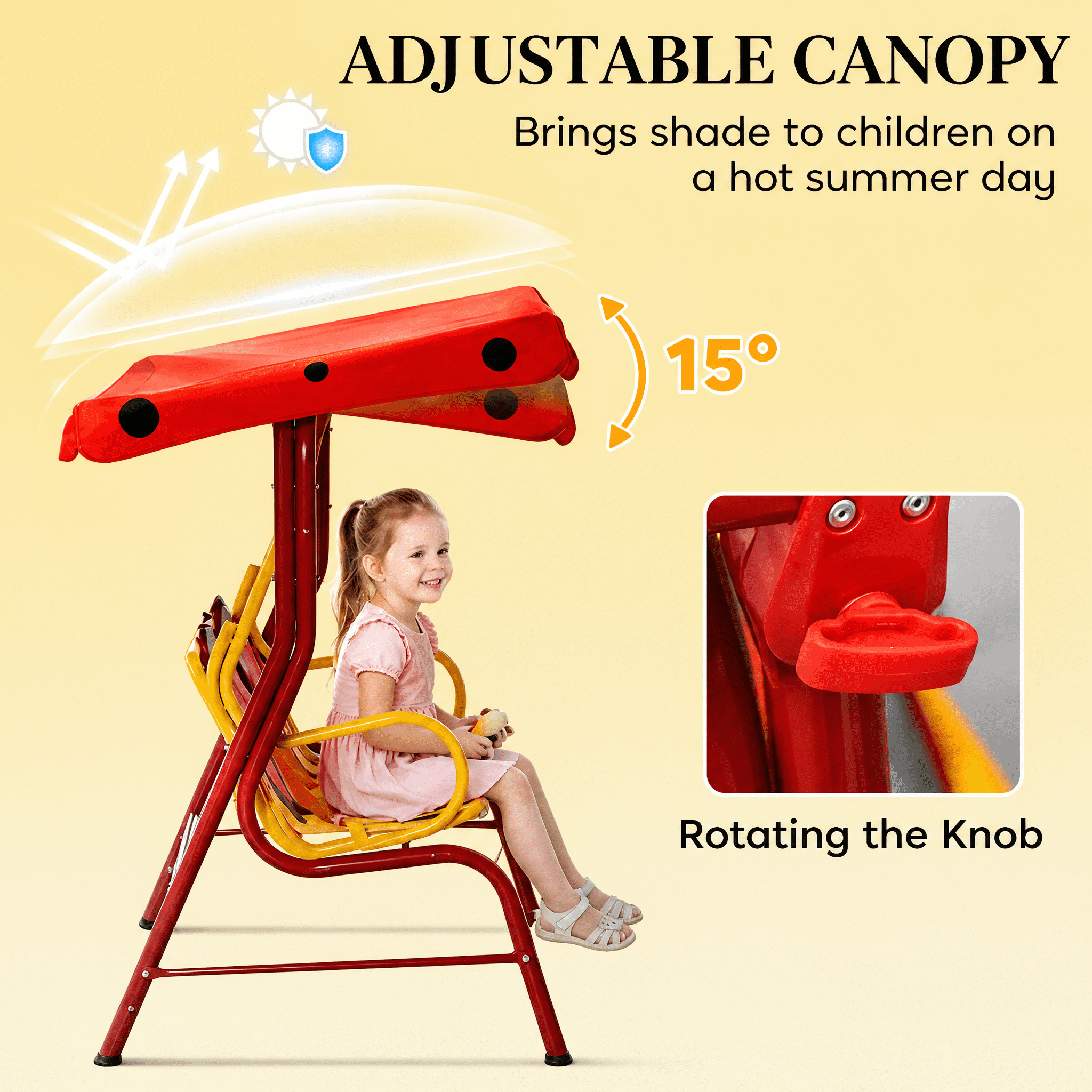 Red Double Seat Kids Swing Chair with Adjustable Canopy, Heavy-Duty Steel Frame Swing for 3-6 Years Old, 132 lbs Capacity, Outdoor/Indoor Use