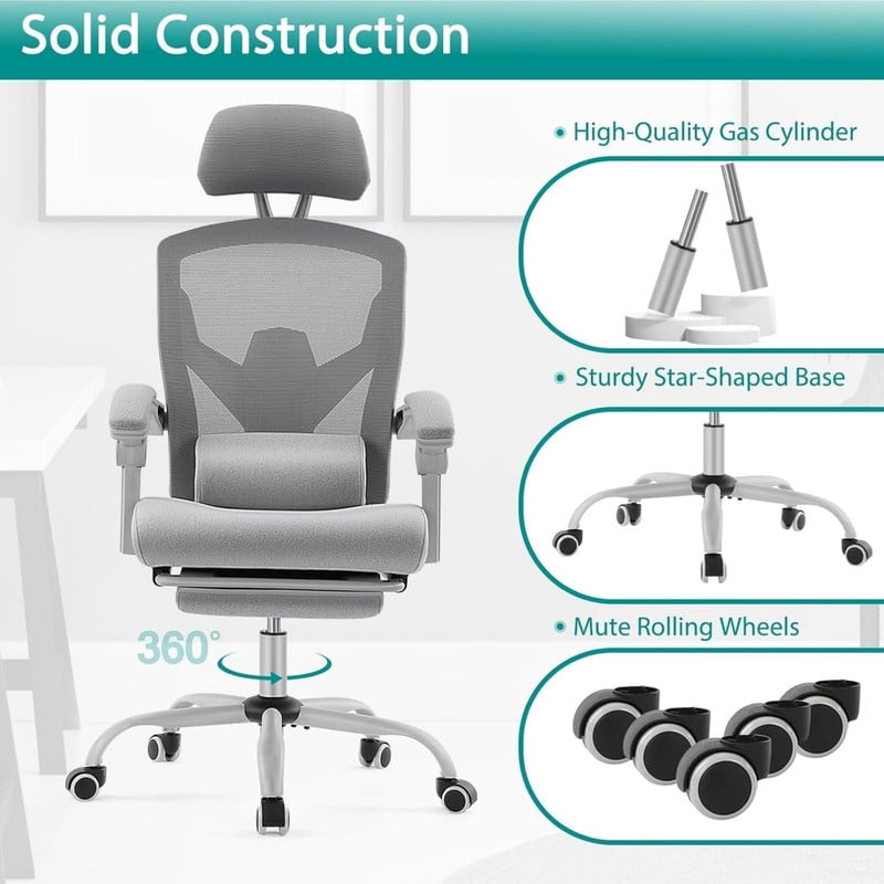 Kelno Ergonomic Office Chair High Back Reclining Swivel Desk Chair Retractable Footrest, Grey