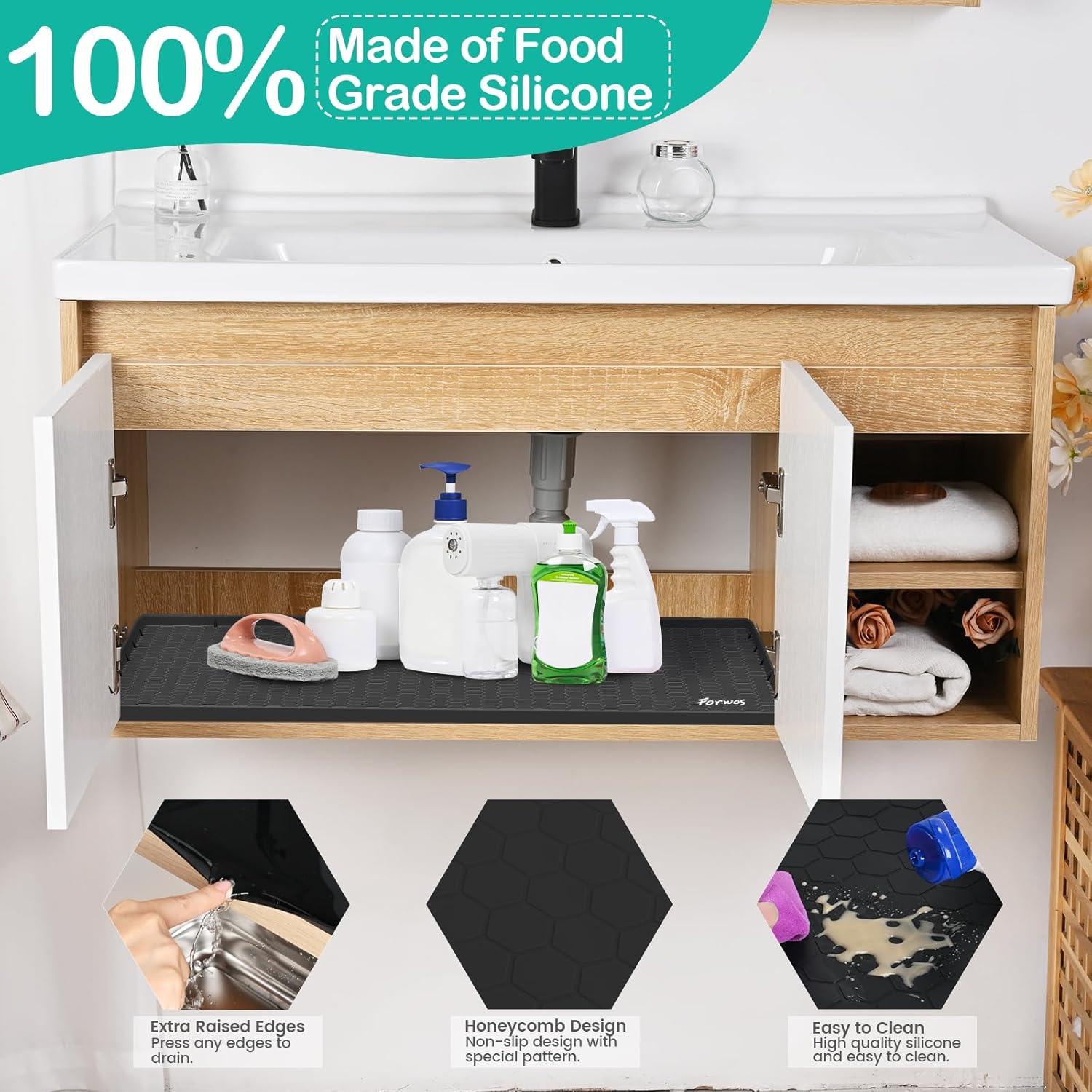 RGHJAR-Waterproof Under Sink Mat 22" x 19", Silicone Cabinet Liner, Rubber Protector for Kitchen and Bathroom, Keeps Cabinets Clean, Dry, and Organized (Black)