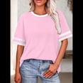 thumbnail image 4 of Camisetas de Mujer, Corte Holgado, Corta, Cuello Redondo, Bloques de Color, Moda de Verano 2025 Rosa L, 4 of 8