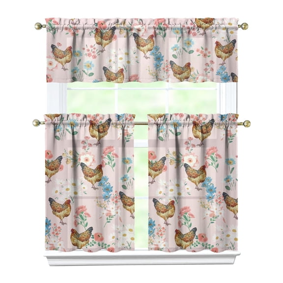 Kitchen Curtains 36 Inch Short - 3 Panel Set with Cute Farmhouse Egg & Chicken Print, Rod Pocket Window Curtain, 100% Polyester for Rustic Coop, Farm Kitchen, Easy Wash