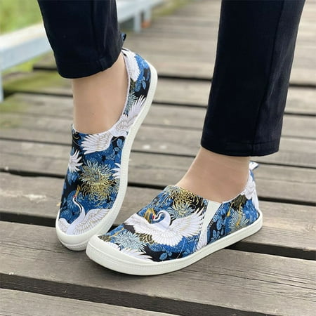 

Women‘s Crane Print Flat Canvas Shoes Casual Lightweight Slip On Loafers Low Top Shoes