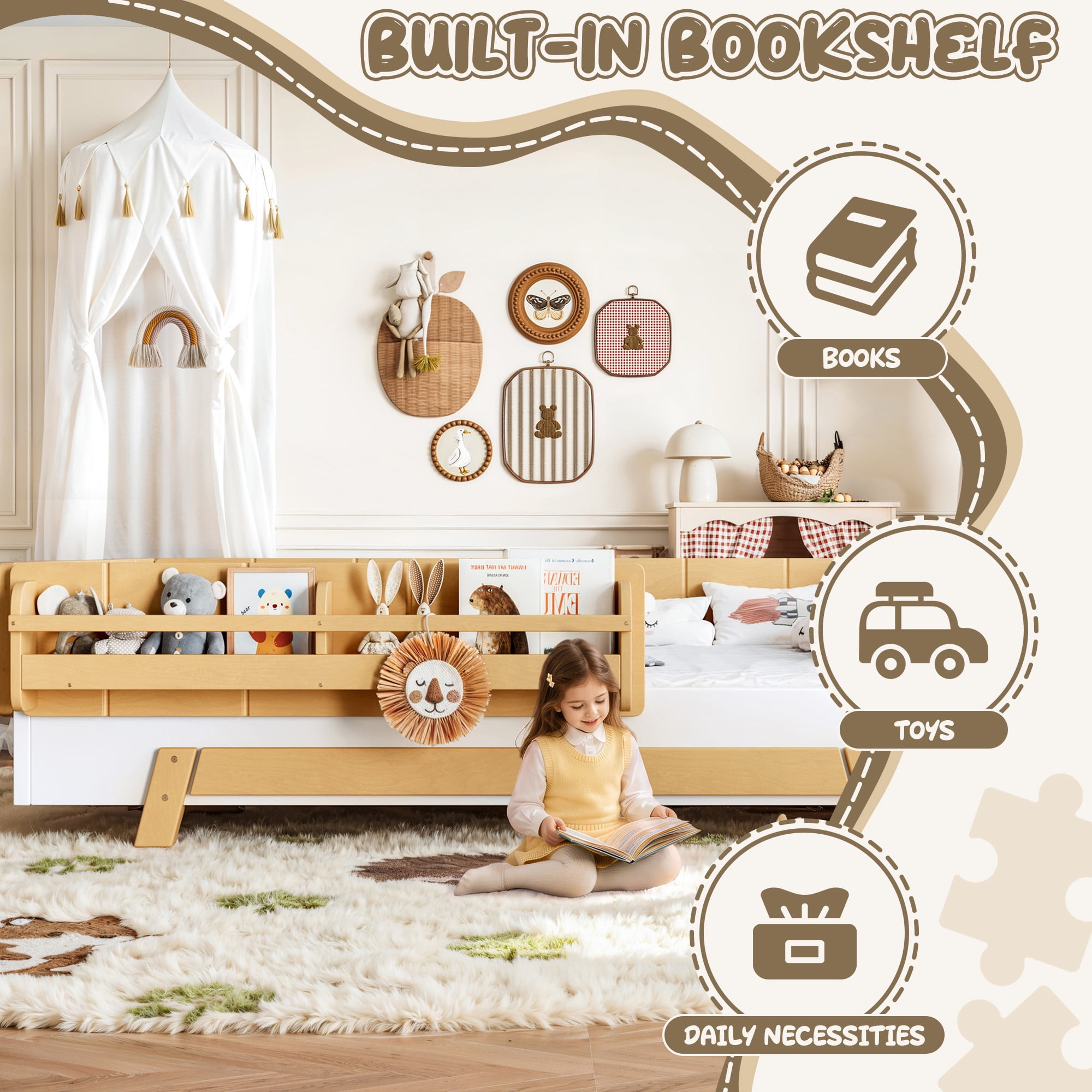 Mintazer Full Size Montessori Floor Bed Frame, Kids Puzzle Block Design Platform Bed with Guardrails & Bookshelf for Bedroom, Natural & Beige