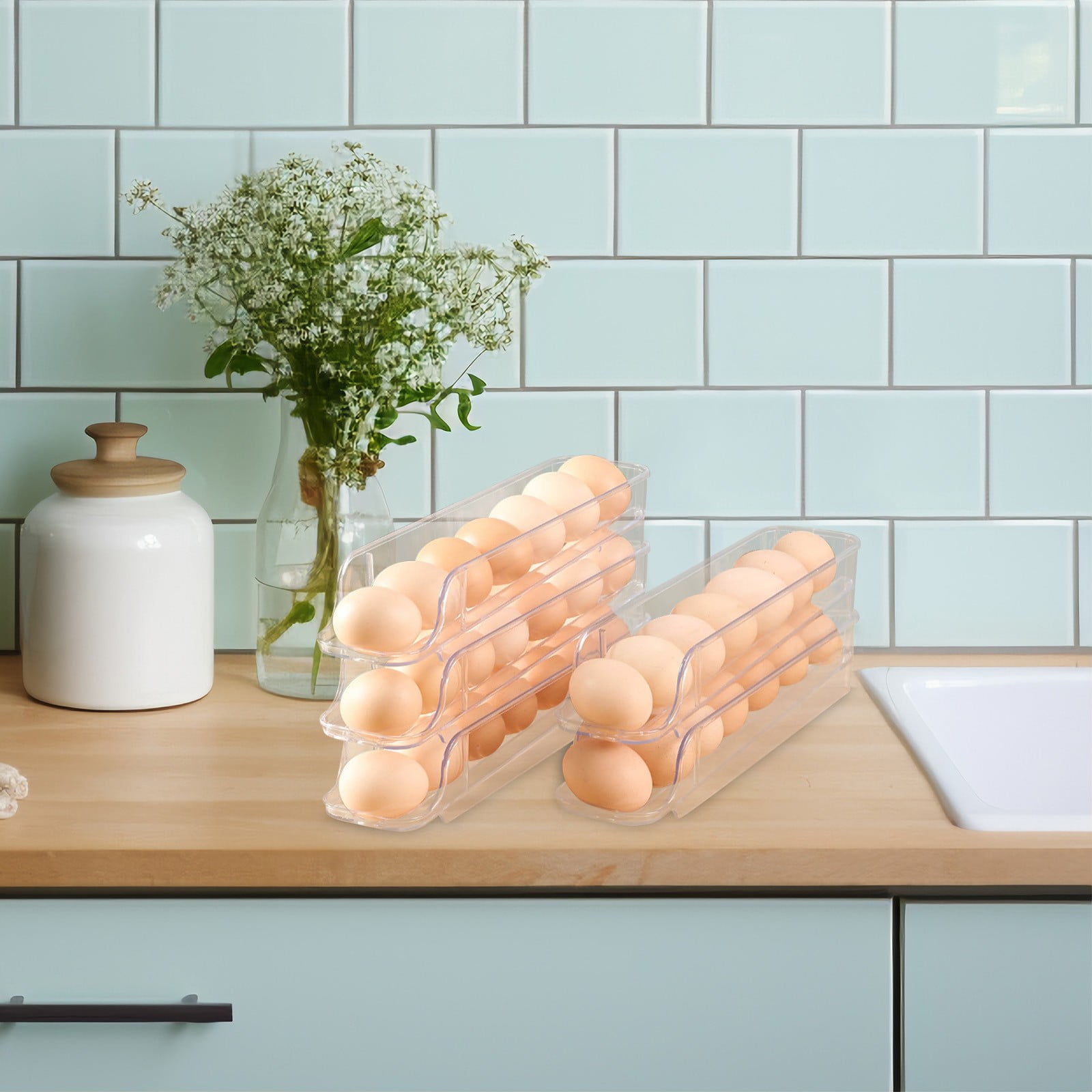 SouMaox Automatic Rolling Egg Dispenser Fridge Side Door Storage Rack Tilted Gravity Slide Tray Kitchen Pantry Organizer Space Saving Box