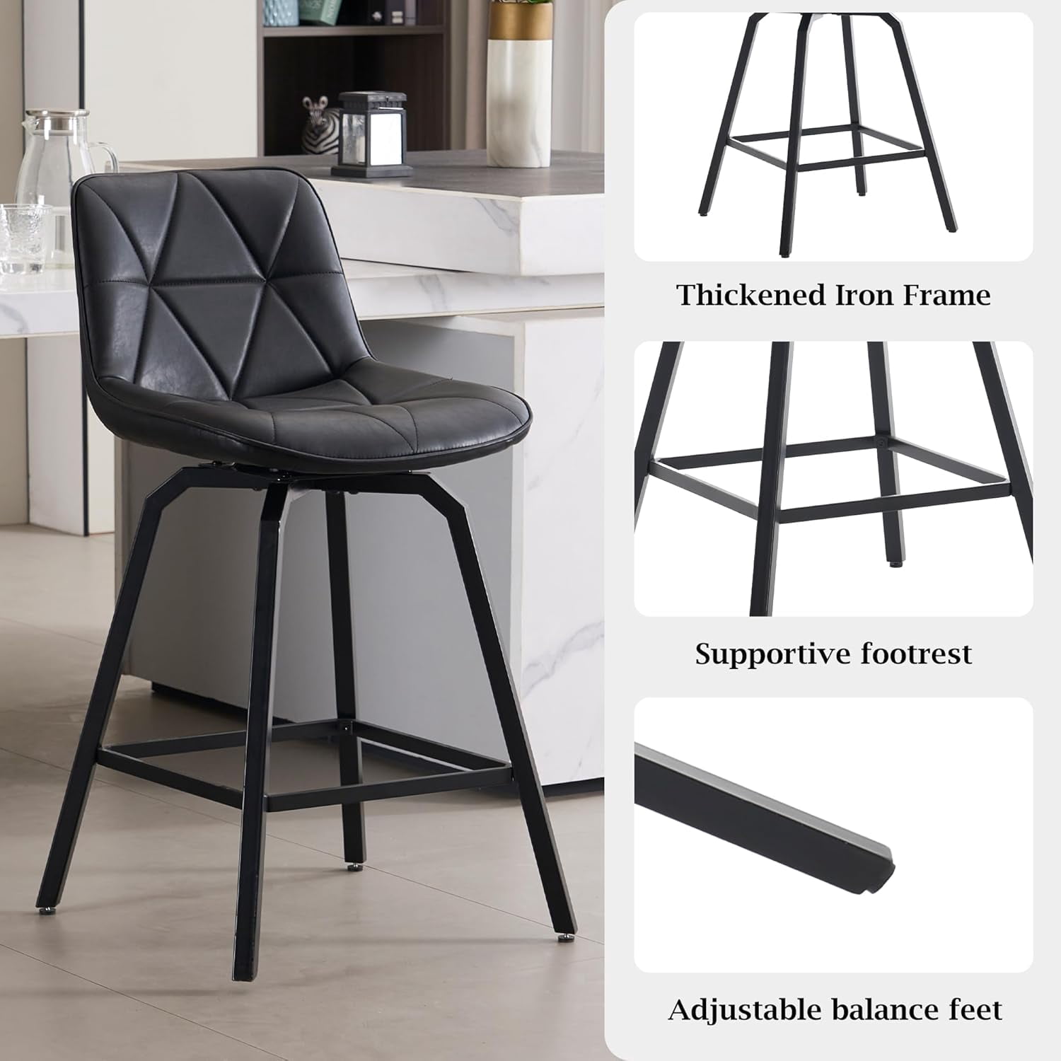 Fancrou 26″ Swivel Counter Height Bar Stools Set Of 3, Triangular Pattern Faux Leather Seat With Metal Legs And Back, Retro Black