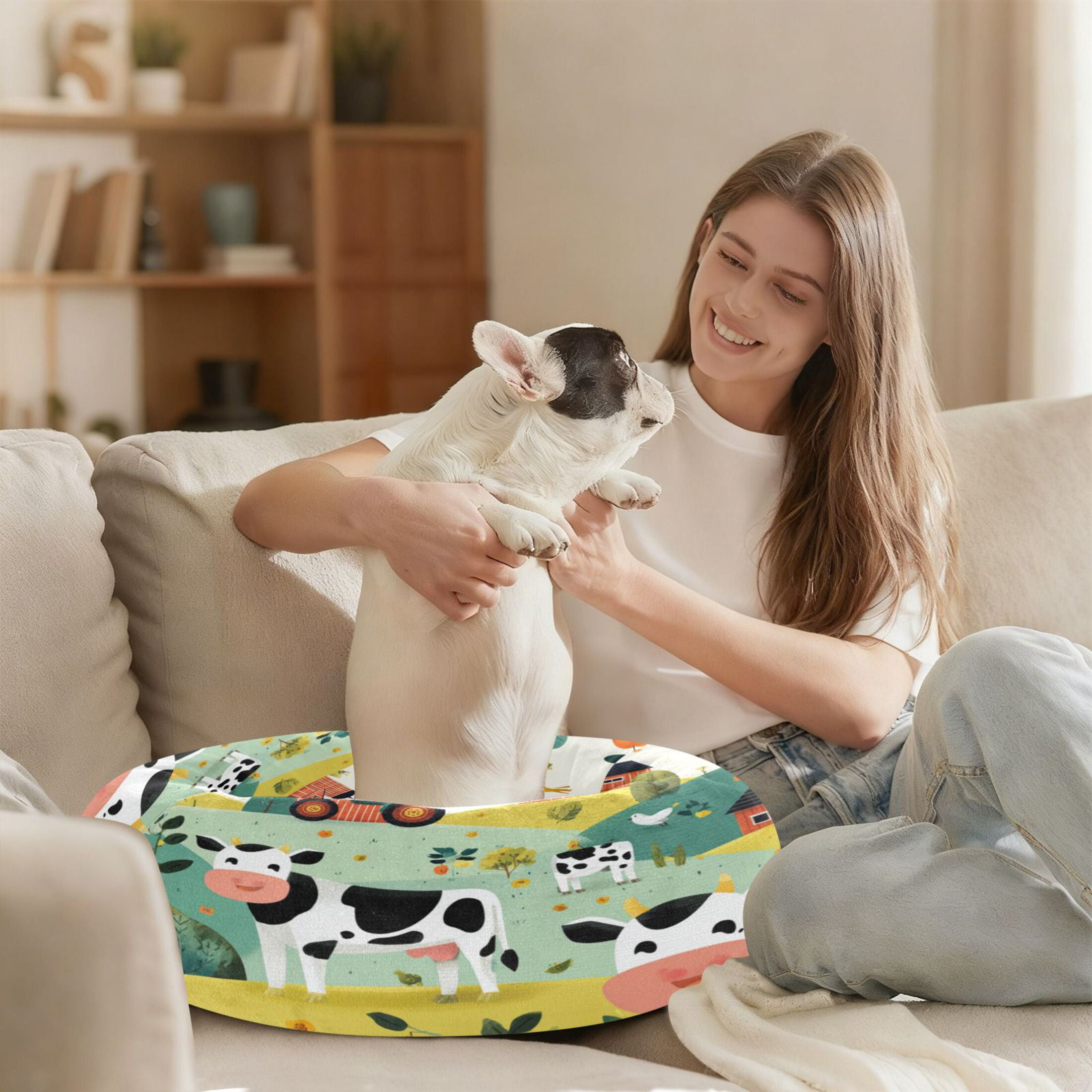 Iauyy Pet Couch Donut Cat Bed for Indoor Cats/Small Dogs Washable & Machine with Non-slip Bottom Calming Cat Furniture, Farm with Tractors (M)