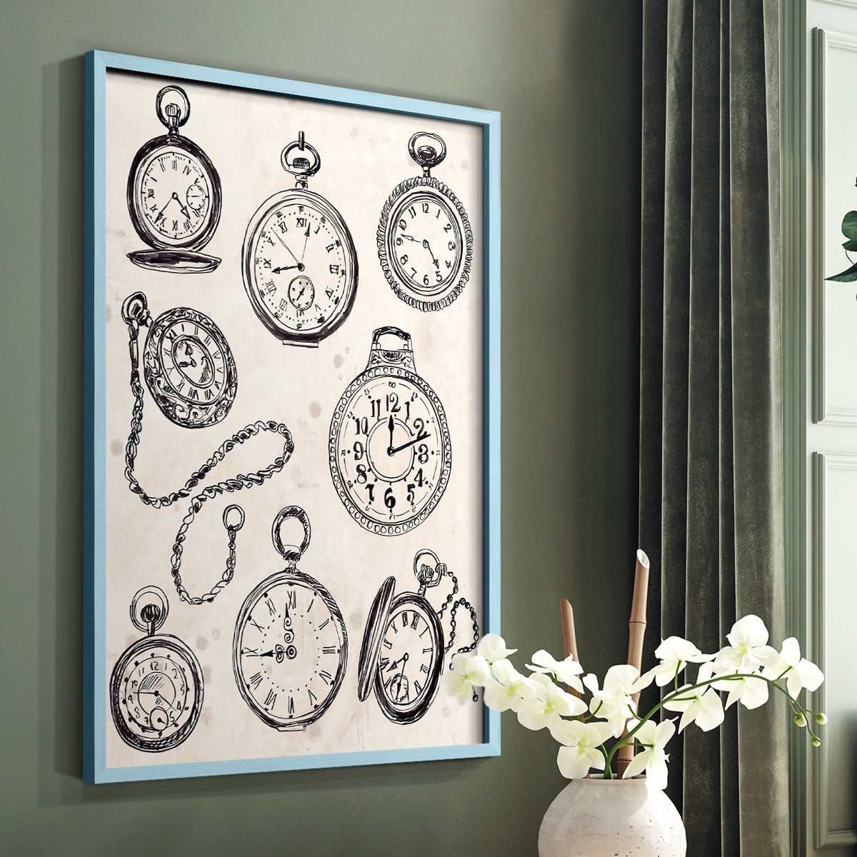Pocket Watch Sketches II in Blue Solid Wood 8 x 10 Framed Print