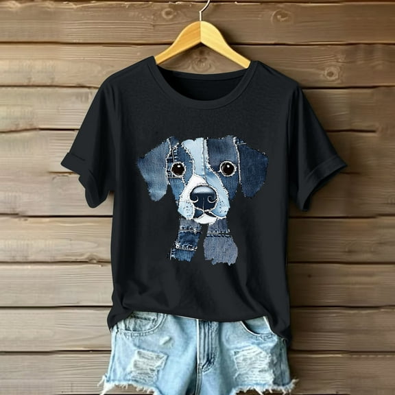Qulqfy Women's Puppy Shirts Cute Dog Print Cartoon Black Shirts Graphic Women Short Sleeve Tops L