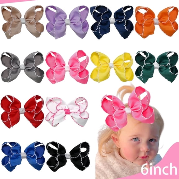 JoyBowie 12pcs 6 Inch Red Ruffled Hair Bows for Girls Toddlers, Satin Ribbon Hair Clips for Kids Party Daily Hairstyles
