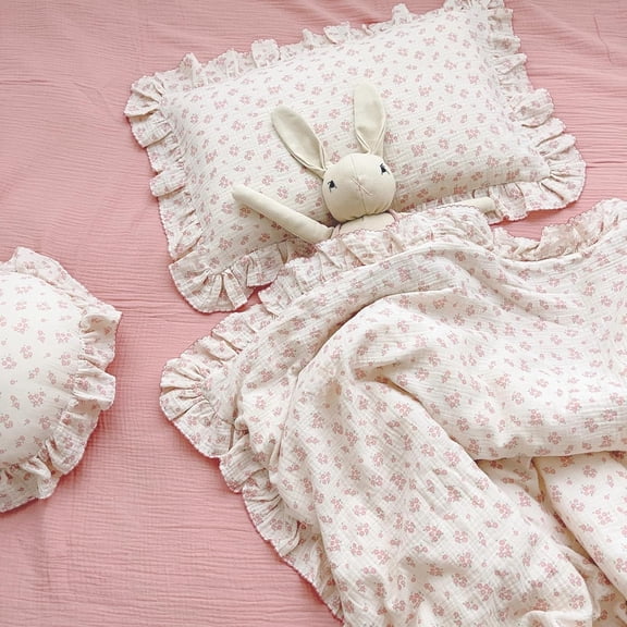 AUQ Cotton Muslin Kids Toddler Pillowcase with Galsang Flowers Print, Shabby Chic Nursery Pillowcases with Ruffle Edge, Boys Girls Soft Travel Pillow, Durable Pillow Cover 14"X20", 1 Piece