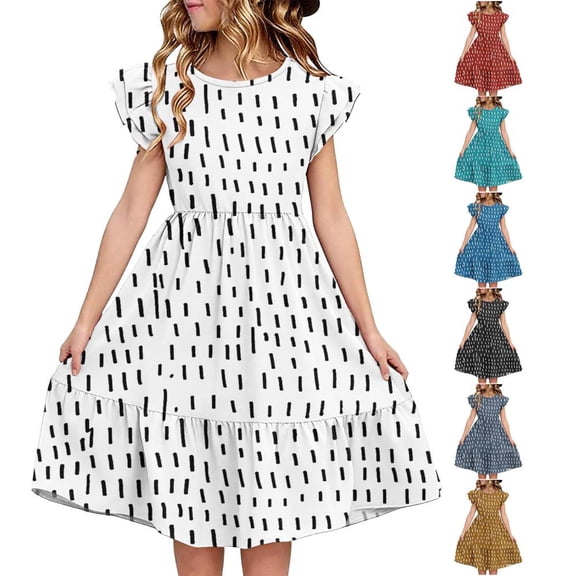 Bxsruta Girls Summer Dress Double Layer Ruffle Sleeve Casual Party Wear for 5-14 Years Old
