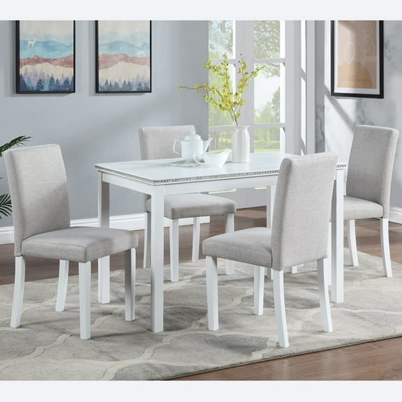 UHOMEPRO 5 Piece Dining Table Set, Modern Dining Table Sets with Rectangular Table and 4 Fabric Upholstered Chairs, Dining Set for Kitchen and Dining Room, White