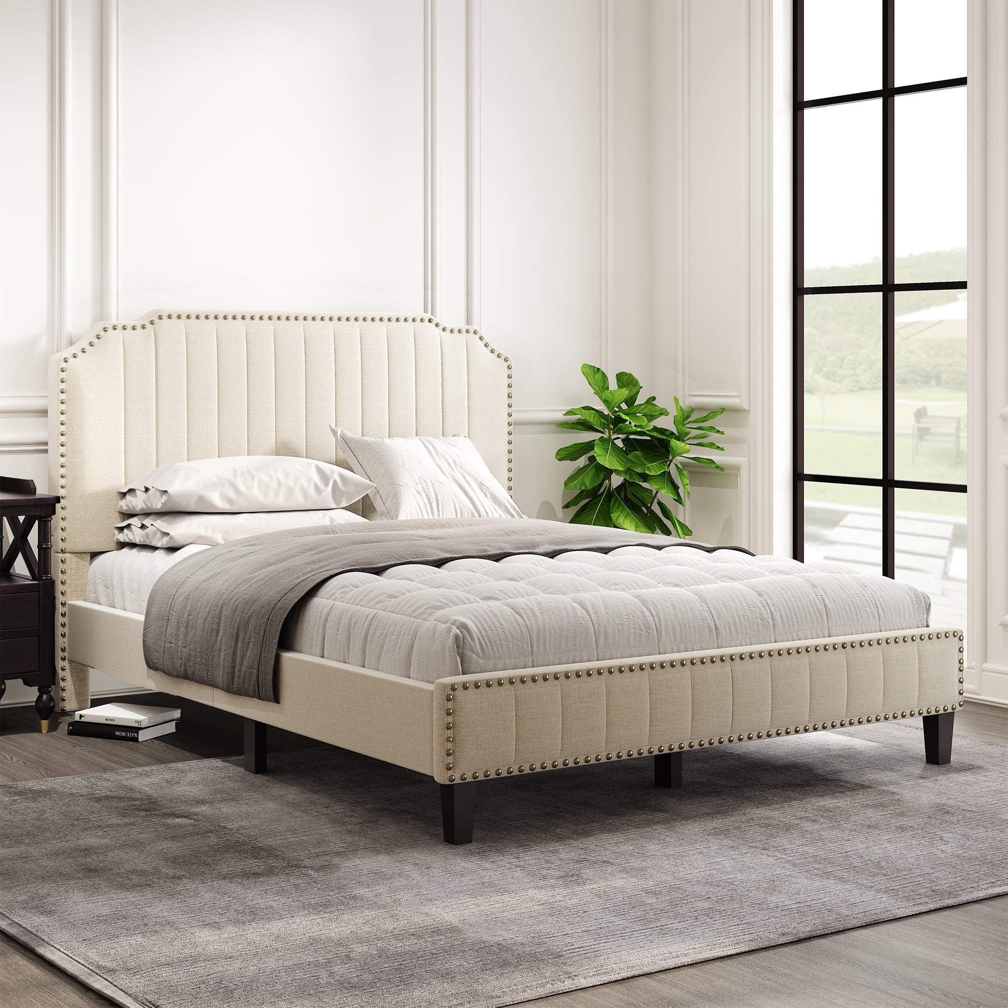 Queen Size Upholstered Linen Bed Frame Stable Wooden Foundation Beige 