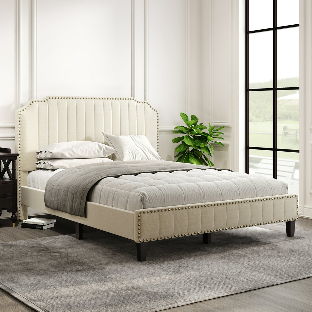 Cream Upholstered Platform Bed, Queen Size Bed Frame with Solid Wooden